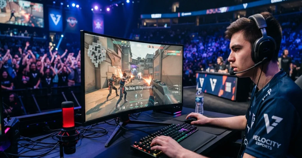 A professional esports gamer playing an intense tactical shooter match on an ultra-wide monitor inside a packed gaming arena, representing ://playbattlesquare.com.